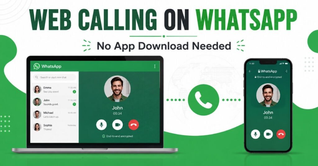 WhatsApp web calling feature 2026 laptop and phone illustration