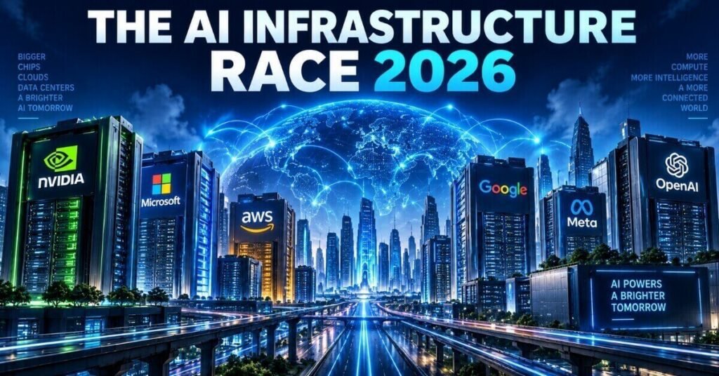 Futuristic skyline representing the 2026 AI infrastructure race after Nvidia Hugging Face acquisition