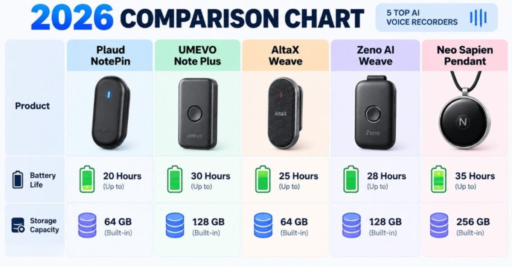 AI voice recorder comparison chart 2026
