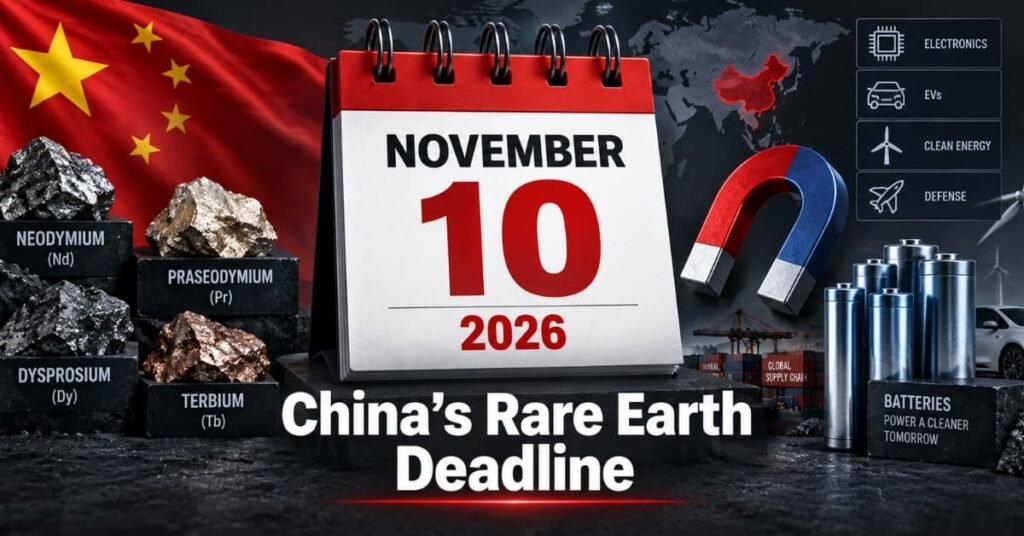 China rare earth export deadline November 2026 calendar graphic