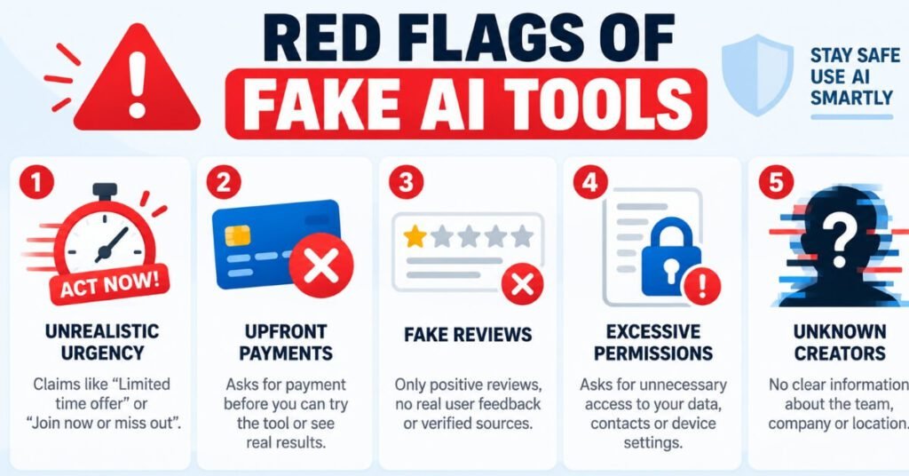 Checklist graphic showing five red flags of fake AI tools