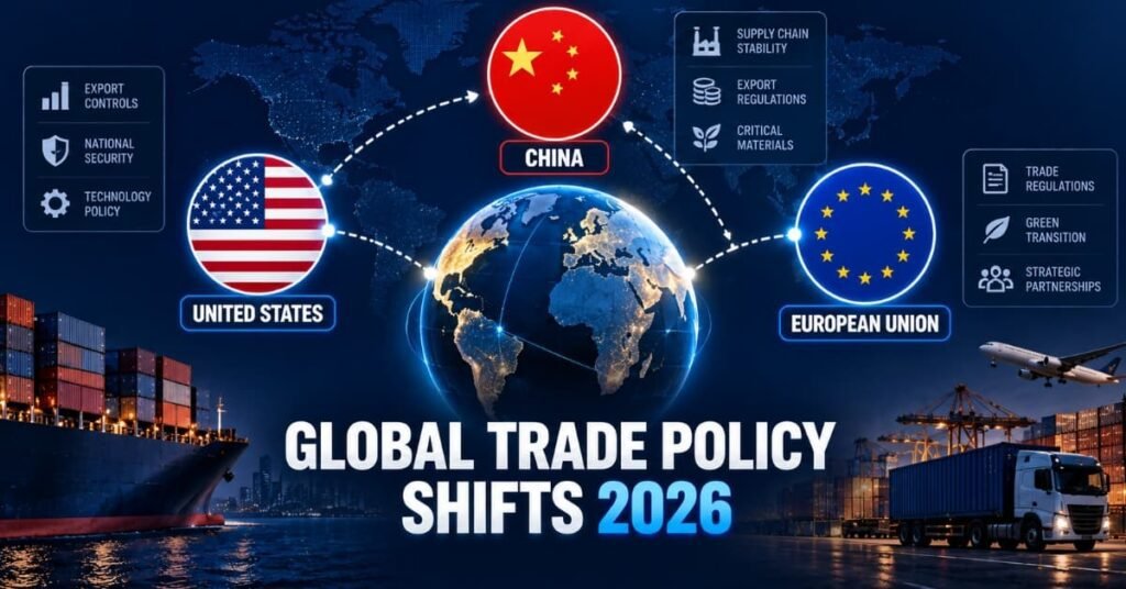 Global trade policy shifts 2026 US China EU illustration