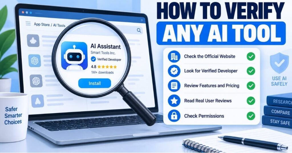 Magnifying glass verifying an AI tool listing on a laptop screen