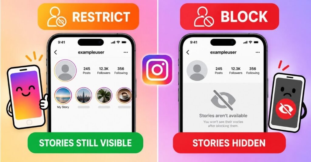 Instagram story visibility difference between Restrict and Block