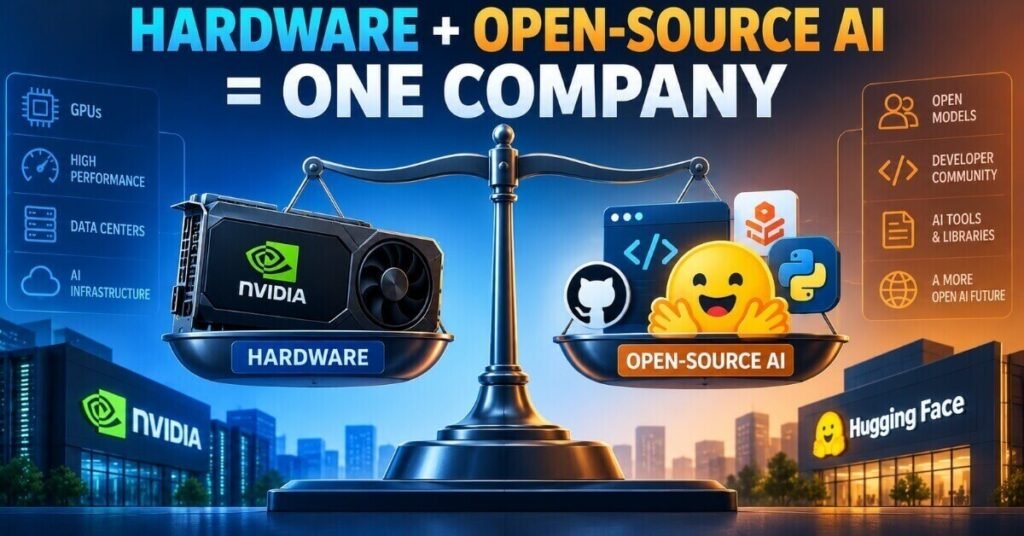 Balance graphic showing Nvidia hardware and Hugging Face open-source software combining