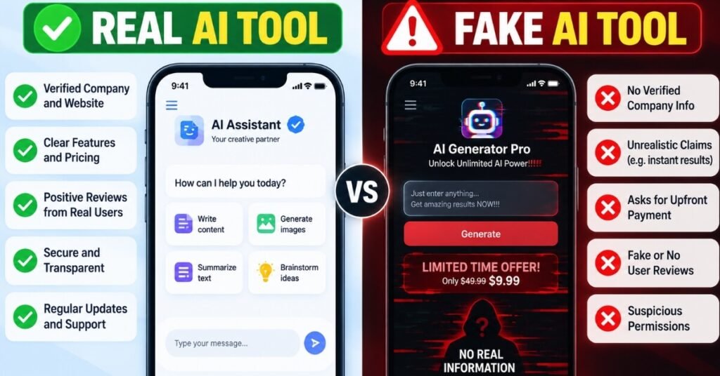 Side-by-side comparison of a real AI tool versus a fake AI tool