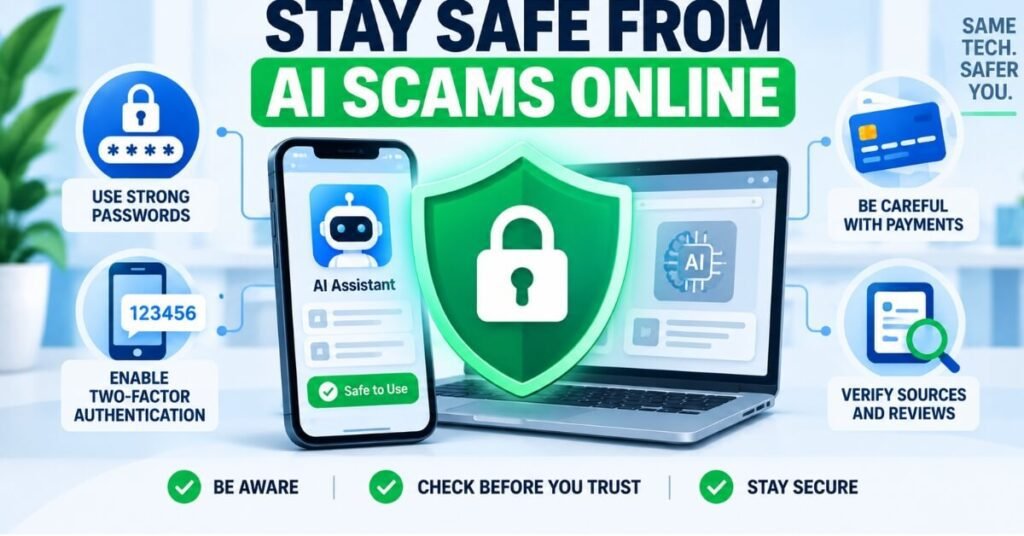 Shield protecting devices representing safety tips against AI scams online