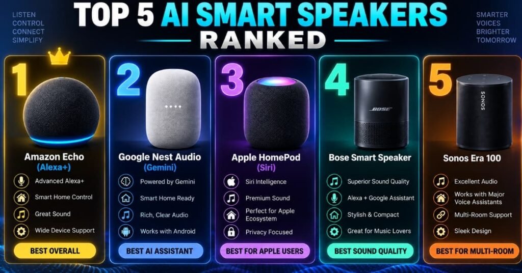 Top 5 AI smart speakers ranked 2026 list graphic