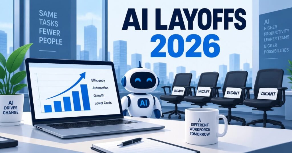 AI-Linked Layoffs Across Big Tech overview illustration with rising job cut chart