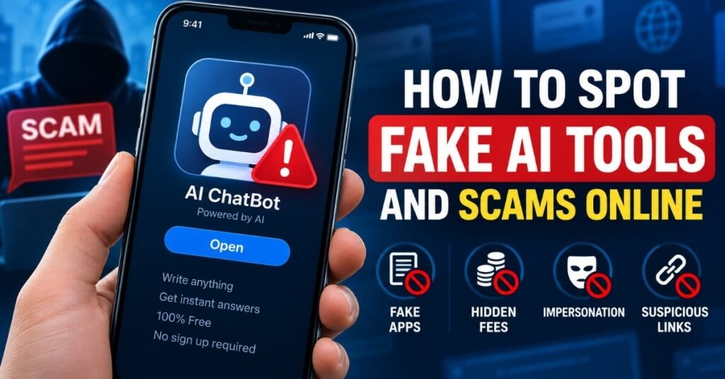 How to spot fake AI tools and scams online illustrated with a smartphone and alert icon