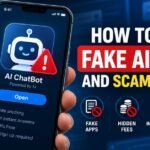 How to spot fake AI tools and scams online illustrated with a smartphone and alert icon