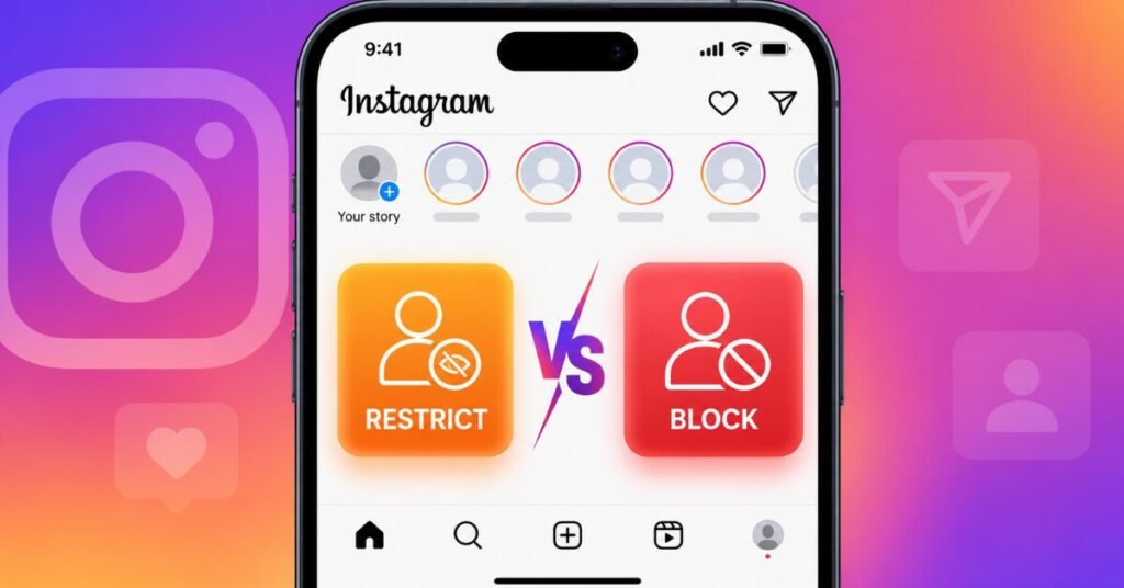 Instagram Restrict vs Block comparison icons on smartphone screen