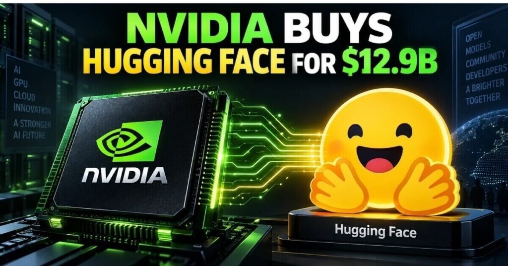Nvidia Hugging Face acquisition illustration showing GPU chip merging with AI platform logo