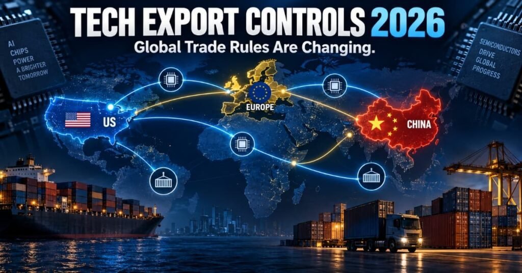 Tech export controls 2026 global trade map illustration